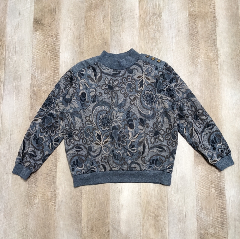 Alfred Dunner Blue Floral Print Sweatshirt with Shoulder Pads